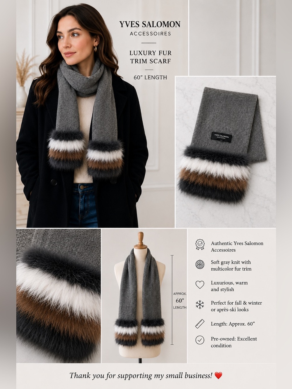 Yves Salomon Accessoires Gray Knit Multicolor Fur Trim Scarf 60" Luxury